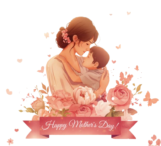 A mother lovingly holding her child, surrounded by roses and butterflies — Happy Mother's Day.
